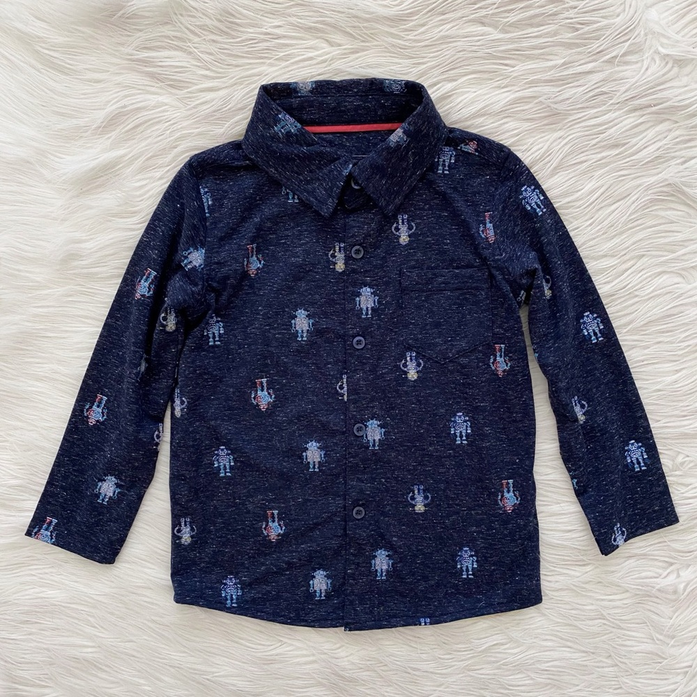 Andy & Kids Boys Evan Blue Robot Print Knit Button Up Shirt